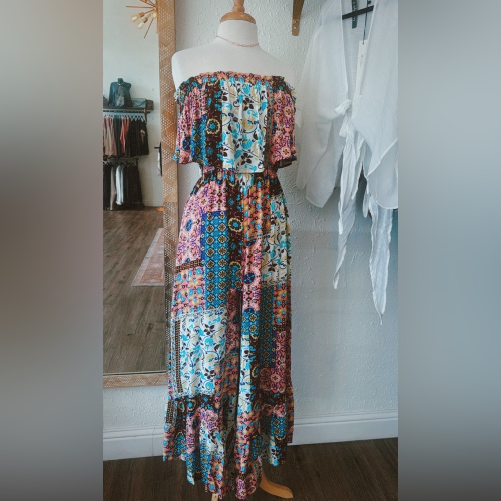 Wide leg patchwork tube jumpsuit